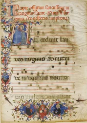 Manuskriptblatt mit der Heimsuchung in einem Initial A und Kardinal Adam Easton..., um 1400