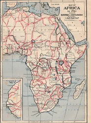 Karte von Afrika im Jahr 1891 mit den Routen der Entdecker