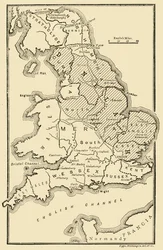 Karte von England, zeigt angelsächsische Königreiche und dänische Bezirke, 9. Jahrhundert
