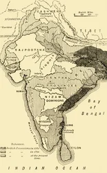 Karte von Indien mit den britischen Besitzungen in den Jahren 1780, 1800 und zur gegenwärtigen Zeit, 1890