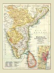 Karte von Madras, Hyderabad, Mysore, Coorg und Ceylon