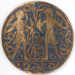 Medaille mit zwei jungen Kriegern mit Falchions und Bucklern, französisch, ca. 1240-60