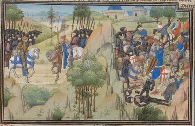 Treffen von Konrad III. von Deutschland und Ludwig VII. von Frankreich. Miniatur aus der Historia von Wilhelm von Tyrus, 1460er Jahre