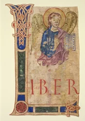 Miniatur aus einem Evangelienbuch: Das Symbol des Hl. Matthäus (recto) und Kanontafeln (verso)