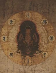 Monju Bosatsu mit acht heiligen Sanskrit-Silben, Mitte bis Ende 14. Jahrhundert