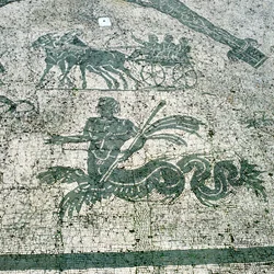 Mosaik, von Maultieren gezogene Karren mit Reisenden, Cisarii, 1. Jahrhundert n. Chr.