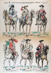 Mousquetaires a Cheval 17. Jahrhundert. Französische Armeeuniformen. Farblithographie. Private Sammlung