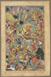 Mogulherrscher Humayun besiegt die Afghanen vor der Rückeroberung Indiens, Folio aus einem Akbar-nama Buch
