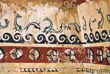Wandmalerei im Grab des Typhon Tomba del Tifone in Tarquinia, Italien