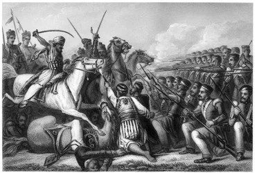 Meuternde Kavallerie greift ein Infanteriequadrat in der Schlacht von Cawnpore an, 1857, um 1860