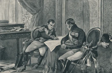 Napoleon und Alexander in Tilsit studieren die Karte Europas, 1807, 1896