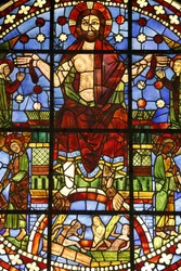 Nationalmuseum der französischen Denkmäler. Alte Kirche der Cordeliers, Chateauroux. Buntglasfenster des Jüngsten Gerichts, Paris, Frankreich