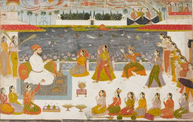 Nawab und Damen beobachten einen Nautch auf einer Terrasse, 1760