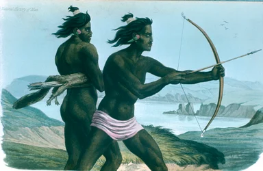 Nordamerikanische San Francisco Indianer jagen mit Pfeil und Bogen, um 1840