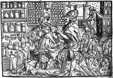 Operation am Kopf eines Mannes. Aus: Die große Wundarzney von Theophrastus Bombastus von Hohenheim, 1562