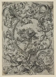 Ornamentales Laubwerk mit einer Eule und anderen Vögeln, 1400er