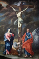 Kirche Unserer Lieben Frau von der Himmelfahrt. Kreuzigungsgemälde, Cordon, Frankreich