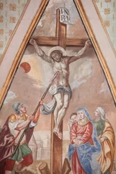 Unsere Liebe Frau von der Himmelfahrt Kirche. Die Kreuzigung. Cordon, Frankreich