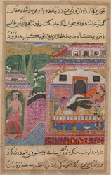 Seite aus Geschichten eines Papageis Tuti-nama: Achte Nacht: Die betrügerische Frau überredet..., 1558-1560