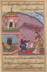 Seite aus Geschichten eines Papageis Tuti-nama: Achte Nacht: Der Kaufmannsangestellte ersetzt..., um 1560