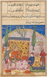 Seite aus den Geschichten eines Papageis Tuti-nama: Achte Nacht: Der junge Prinz wird vorgestellt..., 1558-1560