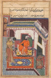 Seite aus Geschichten eines Papageis Tuti-nama: Sechsundvierzigste Nacht: Der Papagei lacht, ca. 1560