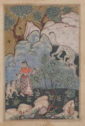 Seite aus Geschichten eines Papageis Tuti-nama: Dreißigste Nacht: Eine Frau mit zwei Kindern..., ca. 1560