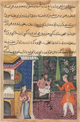 Seite aus den Geschichten eines Papageis Tuti-nama: Fünfunddreißigste Nacht: Der Brahmane gibt..., ca. 1560