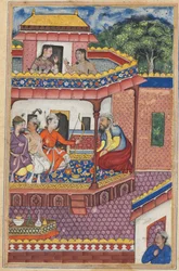 Seite aus Geschichten eines Papageis Tuti-nama: Vierunddreißigste Nacht: Die drei jungen Männer..., ca. 1560