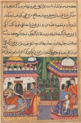 Seite aus den Geschichten eines Papageis Tuti-nama: Zweiunddreißigste Nacht: Kaiwan sendet eine Nachricht..., um 1560