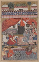 Seite aus den Geschichten eines Papageis Tuti-nama: Dreiunddreißigste Nacht: Vorbereitung zur Hochzeit..., ca. 156
