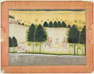 Seite aus einem Bhagavata Purana: Nanda und die Ältesten im Rat mit den Gopas, ca. 1690-1700