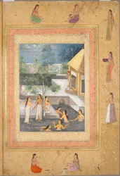 Seite aus dem späten Shah Jahan Album: Harem-Nachtszene, ca. 1653