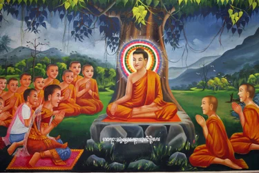 Malerei, die Buddha unter einem Baum lehrend darstellt, mit König Bimbisara in Rajagaha, Udong, Kambodscha