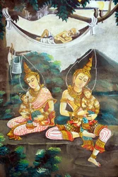 Gemälde, das die Lebensgeschichte von Shakyamuni Buddha darstellt. Wat Naxai. Vientiane. Laos