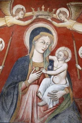 Gemälde in der Basilika Santa Caterina, Galatina, Apulien: Engel krönen Maria, die Jesus hält, Galatina, Italien