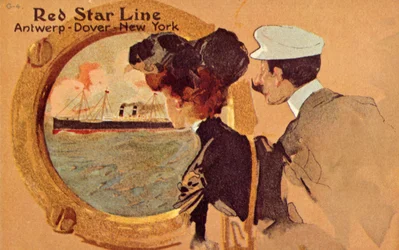 Passagiere schauen durch das Bullauge an Bord eines Red Star Ozeandampfers, um 1900