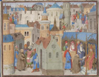 Peter der Einsiedler hört Papst Urban II. auf dem Konzil von Clermont. Miniatur aus der Historia von Wilhelm von Tyrus