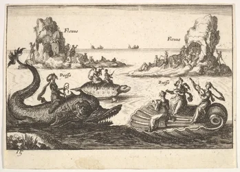 Tafel 15: Flüsse und Göttinnen, mit schwebenden Inseln, die von Stangenführern geleitet werden, weibliche Figur..., 1664
