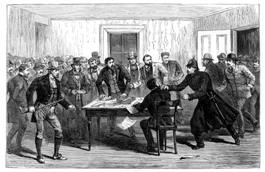 Polizeirazzia in den National Rent Offices in Loughrea, Irland, 1887