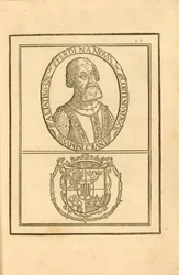 Porträt von Hernán Cortés mit seinem Wappen