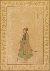 Porträt von Raja Ram Singh von Amber, reg. 1667-1688, mit einem Deccan-Schwert, um 1680-1685