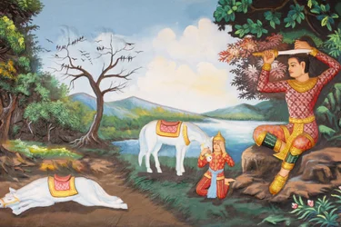 Kloster Preah Prom Rath. Das Leben Buddhas. Die große Tonsur: Buddha schneidet sich mit seinem Schwert die Haare ab. Dann tauschte er seine Prinzengewänder gegen die Robe eines Bettlers. Danach begann er seine Suche nach der Erleuchtung, Siem Reap