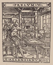 Prelum Ascensianum: Druckerzeichen mit der Druckerpresse in Betrieb
