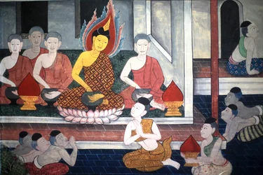 Prinz Rama: Wandbilddetail an den Innenwänden des Vihara aus der Ära von König Rama III, das das Ramakian darstellt, Wat Pho - Wat Phra Chettuphon, 1788, Bangkok, Thailand