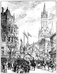 Prozession nähert sich dem Rathaus, Manchester, 1887