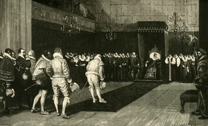 Königin Elisabeth empfängt die französischen Botschafter nach dem Massaker an St. Bartholomäus, 1890