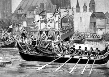 Krönungsprozession von Königin Elizabeth auf der Themse, London, 1558