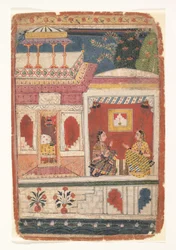 Radha und ihre Vertraute sitzen in einem offenen Raum: Seite aus einem verstreuten Rasikapriya, ca. 1680-90