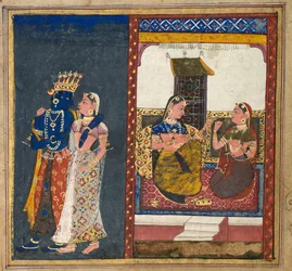 Radha und Krishna umarmend, Blatt aus einem Gita Govinda, ca. 1650